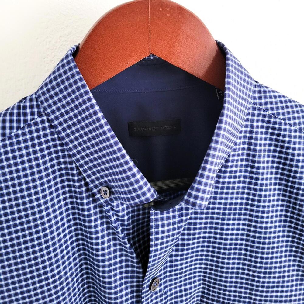 NEW Zachary Prell Micro Plaid Button Down Shirt Cotton Blue Mens S - Picture 6 of 9